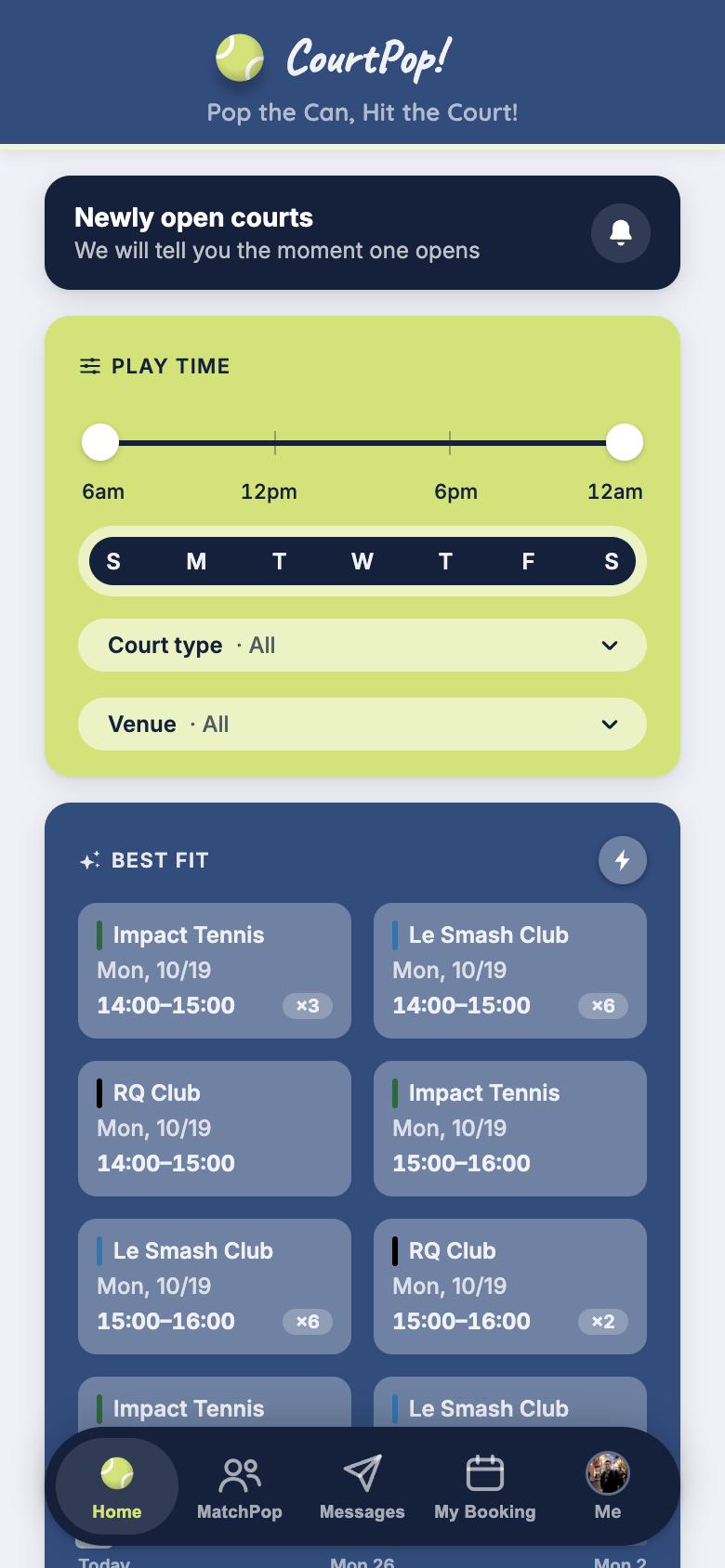 CourtPop home screen showing play-time filters and best-fit open courts