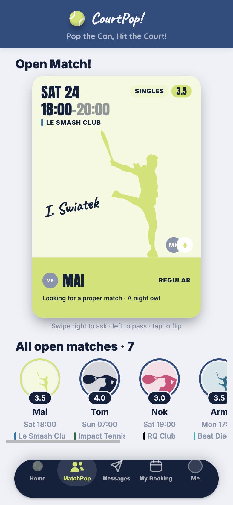 MatchPop screen showing an open singles match card and a row of open matches